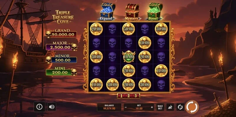 Triple Treasure Cove – hlavná obrazovka s valcami a pirátskou zátokou